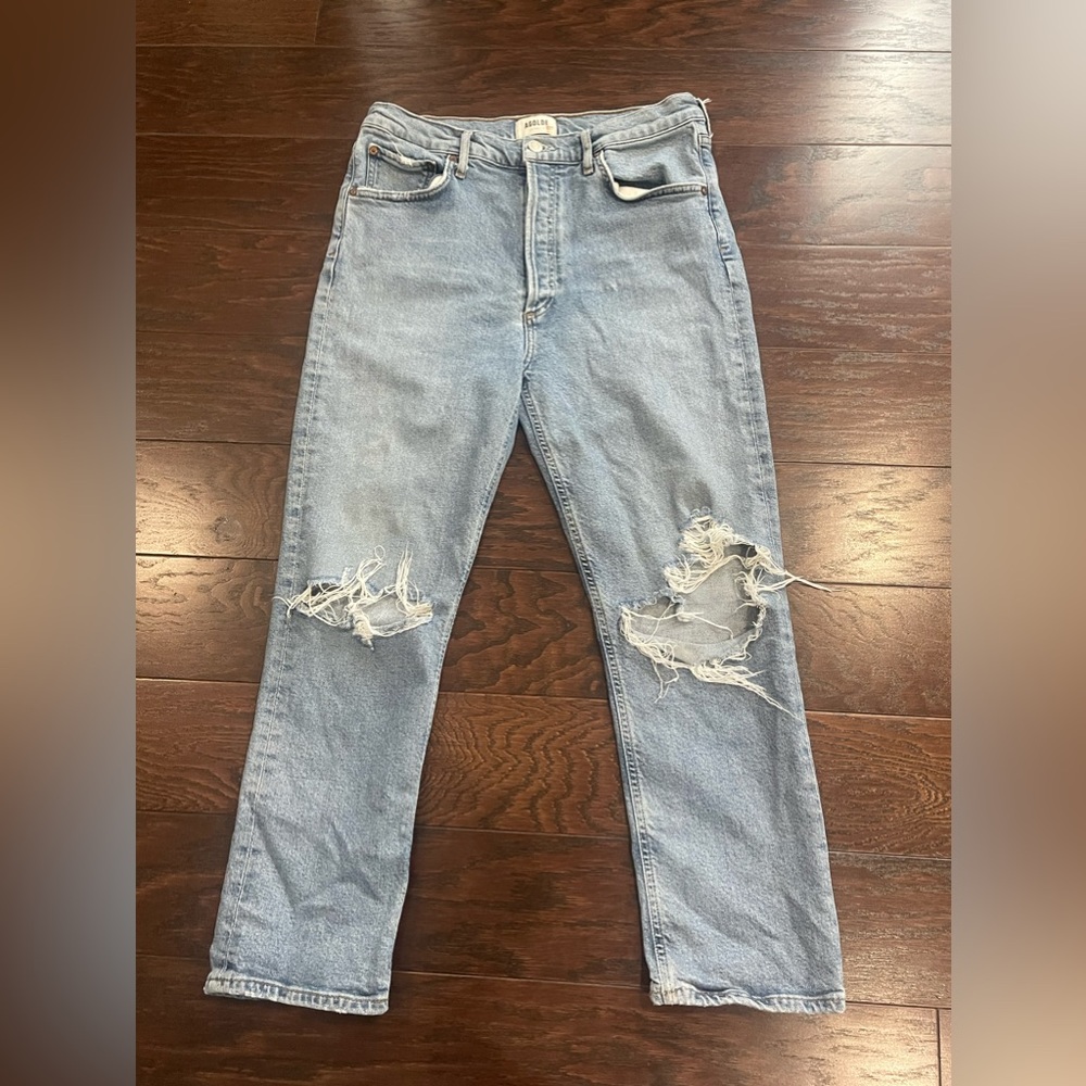 AGOLDE Washed Light Blue Distressed Straight-Leg Jeans